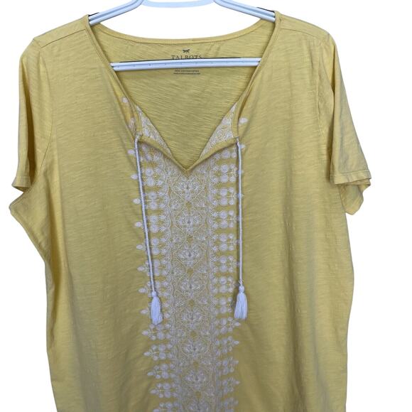 Talbots Woman | Yellow Embroidered Tassel Short Sleeve Top Size X Boho - Picture 3 of 5